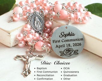 Personalized Rosary, First Communion, Baptism, Confirmation, OCIA, Quinceanera, Custom, Pink Glass Pearls with Gemstone Our Father Beads