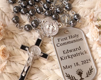 Personalized First Communion Rosary, Boy Rosary, Hematite 6mm Engraved Rosary, First Holy Communion Gift, Baptism, Confirmation, OCIA Gift