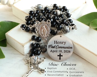 Personalized Rosary, First Communion, Baptism, Confirmation, OCIA, Custom Rosary, Black Glass Pearls with Gemstone Our Father Beads