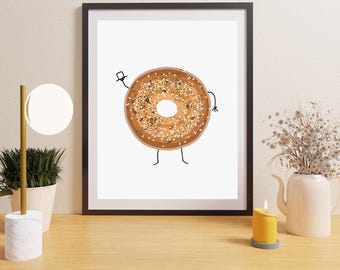 Pop Art Food Drawing -  Trendy Printable, Funky Food Aesthetic, Whimsical Kitchen Decor, Digital Print, locally made - "The Bagel"
