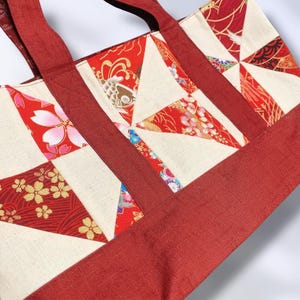 Japanese Patchwork Tote Bag | Red Kimono Fabric Bag | Small Everyday Tote | Japanese Textile Handbag | Sakura Gift for Her