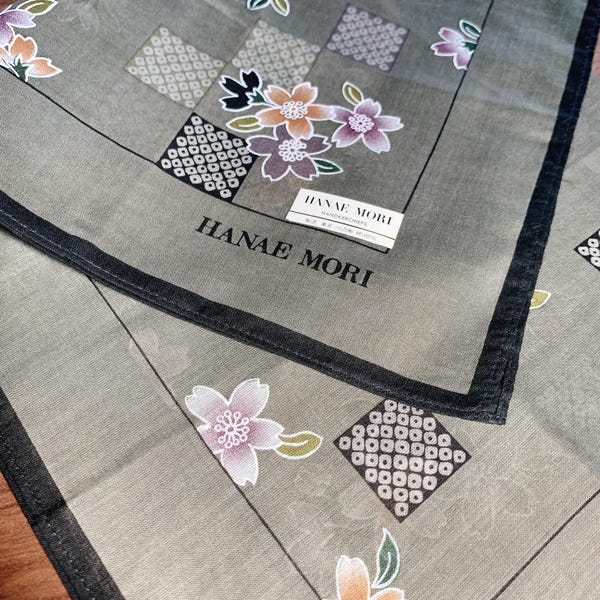 Vintage Hanae Mori Kyoto Yuzen Handkerchief | 1985-86 Japanese Cherry Blossom | Gray Cotton 42cm (16.5”) | Made in Japan