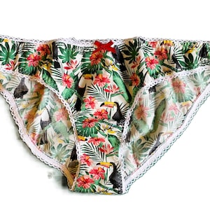 Women&#39;s bikini panties knickers handmade botanicaltoucan with hibiscus flowers feminine