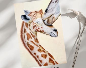 Impression d'art girafe 8 x 10 - le nez doux de la mère, dessin animalier aux crayons de couleur