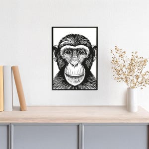 Tierplakat Schimpanse // Schwarzweiß // Wandkunst // Illustration // Scribble