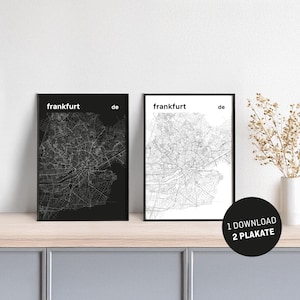 Mapa de la ciudad en póster // Fráncfort del Meno // Blanco y negro // 1 descarga - 2 pósteres