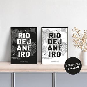 Mapa de la ciudad en póster // Río de Janeiro // blanco y negro // 1 descarga – 2 pósteres