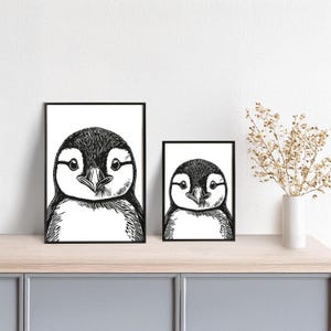Tierplakat Pinguin // Schwarzweiß // Wandkunst // Illustration // Scribble