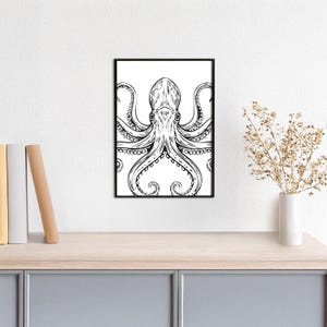 Tierplakat Oktopus // Schwarzweiß // Wandkunst // Illustration // Scribble
