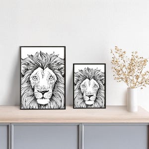 Tierplakat Löwe // Schwarzweiß // Wandkunst // Illustration // Scribble