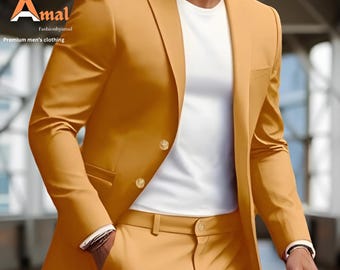 Men's Classic mustard Two Piece Suit: Slim Fit Wedding Groomsmen Suit