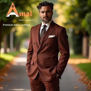 FASHIONBYAMAL, Herren-Terrakotta-Dreiteiler für Männer, Partykleidung, Bräutigam-Männeranzug, Outfit-Hochzeitsabschlussball nach Maß, Groomsmen-Anzug,
