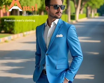 May include: A light blue suit with a white dress shirt and black sunglasses. The suit has a two-button closure and a pocket square. The image includes the text "Premium men's clothing" and the brand logo.