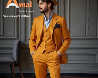 Mustard Three-Piece Suit: Men's Wedding, Prom, Party Wear
