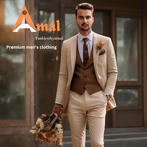 Men&#39;s Beige Three-Piece Suit: Bespoke Wedding Prom Outfit