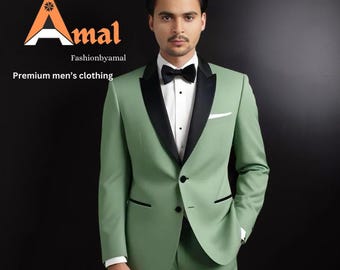 Traje de esmoquin verde salvia para novio: Traje formal a medida para aniversario, padrinos de boda y bodas.
