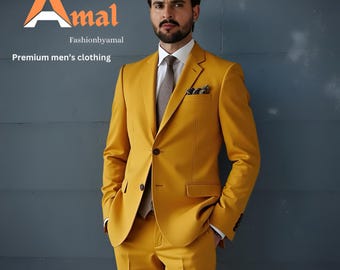 Men's Mustard Two-Piece Suit: Elegant Slim Fit Wedding Anniversary