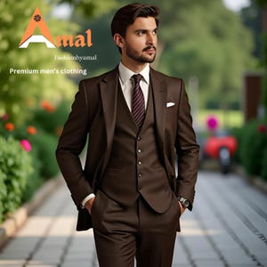 FASHIONBYAMAL, brauner Herrenanzug, dreiteiliger Anzug für Männer, Partykleidung, Bräutigam-Männeranzug, Outfit-Hochzeitsabschlussball maßgefertigt, Groomsmen-Anzug,