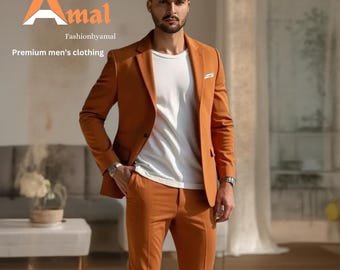 May include: A man wearing a rust-colored suit jacket and matching pants. The suit is a single-breasted style with a button closure. The man is wearing a white t-shirt underneath the jacket. The suit is made of a smooth, textured fabric.  "Amal Fashionbyamal Premium men's clothing" is printed on the image.