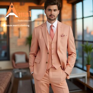 Groom Peach three piece suit, for men, party wear suits,  groomsmen suit, outfit wedding prom bespoke, men official suit dinner suit,