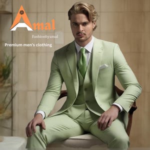 Trzyczęściowy garnitur męski w kolorze szałwiowej zieleni: na ślub, bal, na zamówienie