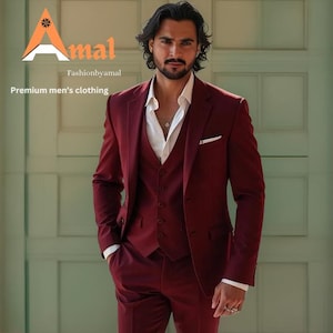 FASHIONBYAMAL ,Men’s burgundy three Piece suit for men, party wear, grooms men suit, outfit wedding prom bespoke, Groomsmen Suit,