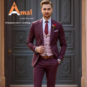 FASHIONBYAMAL ,Men’s premium wine three Piece suit for men, party wear, grooms men suit, outfit wedding prom bespoke, Groomsmen Suit,