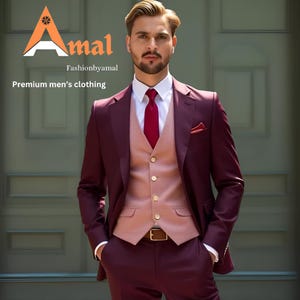 FASHIONBYAMAL ,Men’s premium burgundy three Piece suit for men, party wear, grooms men suit, outfit wedding prom bespoke, Groomsmen Suit,