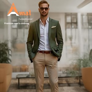 FASHIONBYAMAL, olive green jacket beige pant 2 piece suit for men Engagement suit, Anniversary Suit, Gift for Boyfriend , Groomsmen suit,