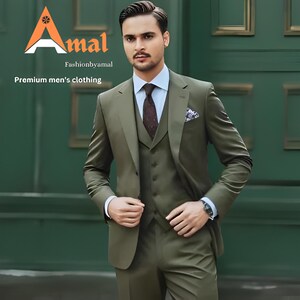 FASHIONBYAMAL ,Men’s olive green three Piece suit for men, party wear, grooms men suit, outfit wedding prom bespoke, Groomsmen Suit,