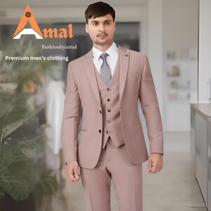FASHIONBYAMAL ,Men’s light pink three Piece suit for men, party wear, grooms men suit, outfit wedding prom bespoke, Groomsmen Suit,