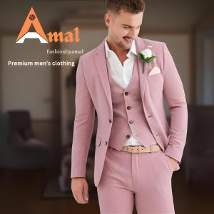 FASHIONBYAMAL ,Men’s baby pink three Piece suit for men, party wear, grooms men suit, outfit wedding prom bespoke, Groomsmen Suit,