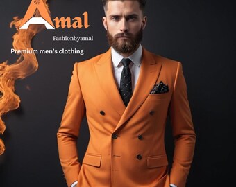 Stylish Men's Orange Double Breasted Suit - Tailored Fit, the