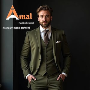 FASHIONBYAMAL, Olive Green 3 Piece suit for men, party wear, grooms men suit, wedding man suits, dinner suits,tailored fitted man suits