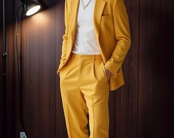 Dwuczęściowy garnitur męski w kolorze żółtym: rocznicowy, dla drużbów, na ślub, na zamówienie, formalny garnitur