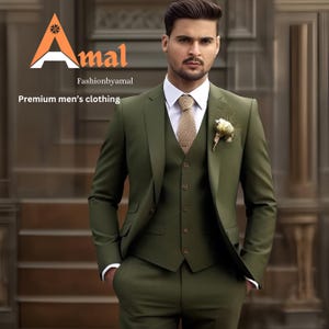 FASHIONBYAMAL ,Men’s olive green three Piece suit for men, party wear, grooms men suit, outfit wedding prom bespoke, Groomsmen Suit,