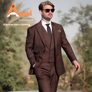 FASHIONBYAMAL ,Men’s chocolate brown three Piece suit for men, party wear, grooms men suit, outfit wedding prom bespoke, Groomsmen Suit,