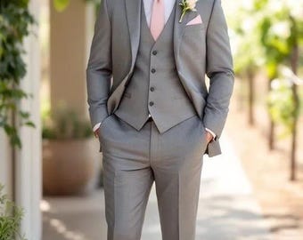 Terno masculino cinza-fumê de 3 peças: Traje sob medida para casamento, formatura, padrinhos e recepção.
