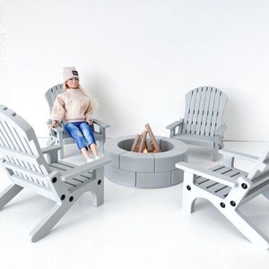 4 Light Gray Miniature Adirondack Chairs & Round Firepit W/Flickering Logs 1:6 Scale