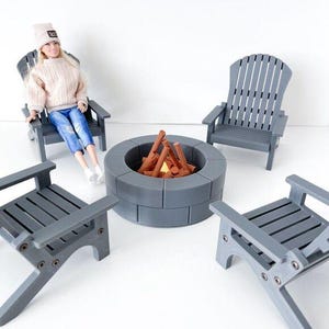 4 Charcoal Miniature  Adirondack Chairs Round Firepit W/Flickering Logs 1:6 Scale