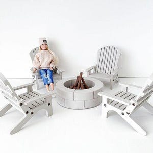 4 Beige Miniature Adirondack Chairs & Round Firepit W/Flickering Logs 1:6 Scale