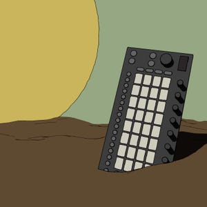 May include: A black music production controller with a grid of buttons and knobs partially submerged in brown sand. A large yellow circle is in the background.