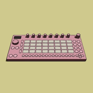 May include: A pink electronic music production pad with a grid of buttons and knobs. The pad has a small screen and a large knob in the upper left corner.