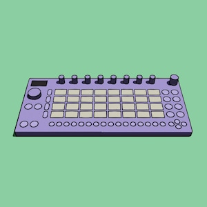May include: A purple electronic music production pad with a grid of 36 buttons, 8 knobs, and 24 round buttons on the bottom.