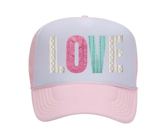LOVE knitted lettering Valentines Day Trucker Hat.
