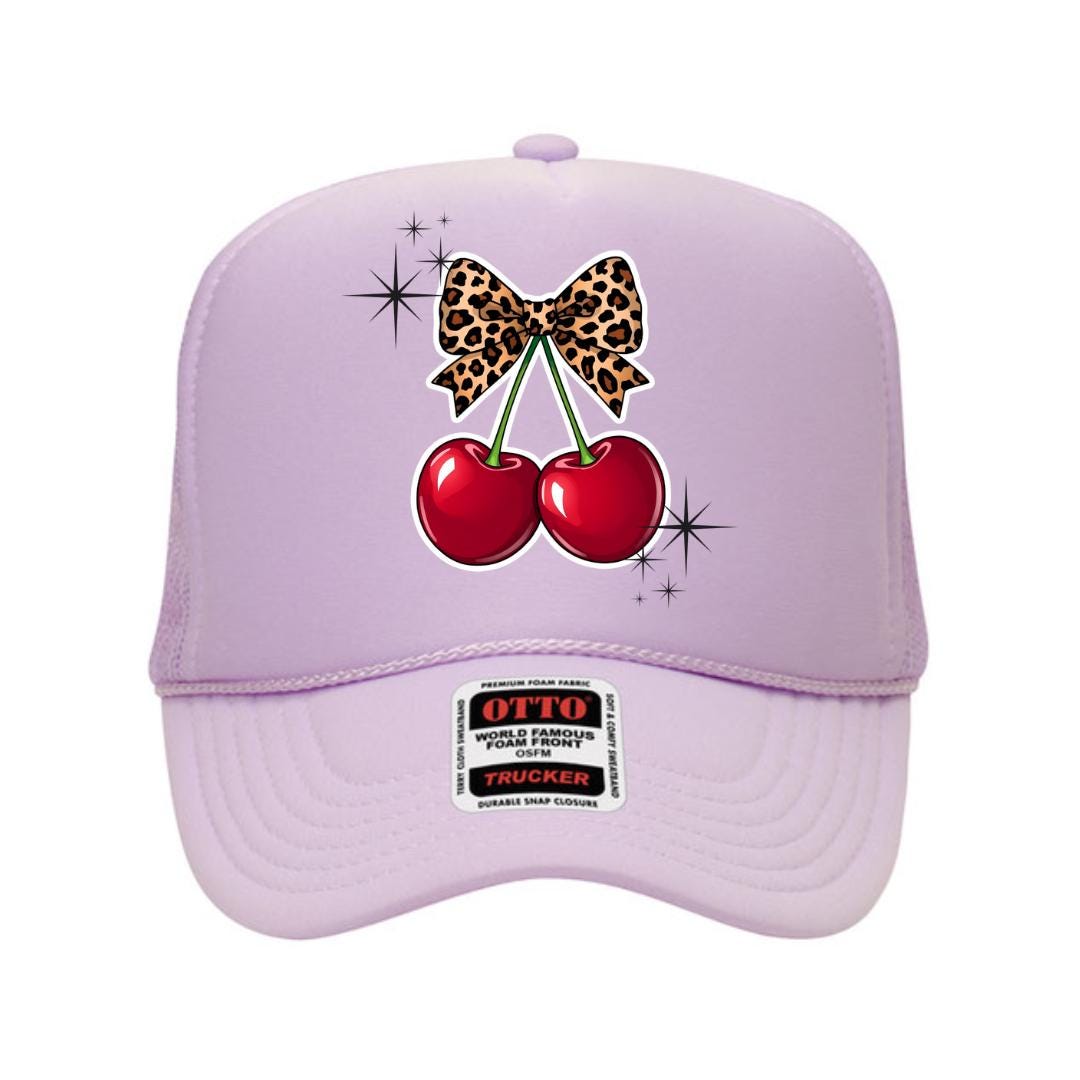 Cherries & Bow Embroidered Trucker Hat, Foam Front, Star Mesh, Blue & Hot Pink Cherries & Bow Embroidered Trucker Hat, Foam Front, Star  main image 2