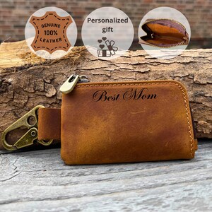 Cartera llavero de cuero personalizada – Tarjetero compacto con mosquetón | Regalo personalizado con grabado para él o ella | Monedero de cuero Crazy Horse