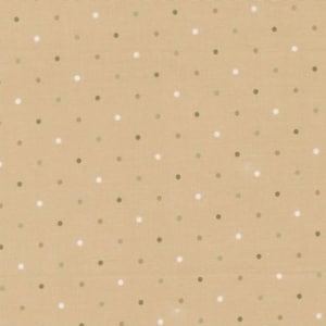 Può includere: Un tessuto color marrone chiaro con un motivo ripetitivo di piccoli pois equidistanti in tonalità alternate di verde salvia e bianco. Il tessuto presenta una trama uniforme e una finitura opaca su tutta la superficie visibile.