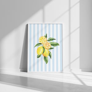 Lemon Wall Art - Digital Print | Kitchen Decor, Citrus Art, Yellow Wall Decor, Blue Stripes, Fruit Print, Printable Art, Home Decor