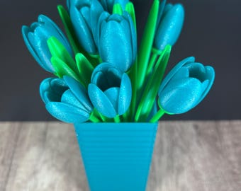 3D Printed Turquoise 9-Tulip Bouquet in a Geometric Vase, Modern Home Decor, Housewarming, Closing Gift, Bouquet of Flowers, Tulips